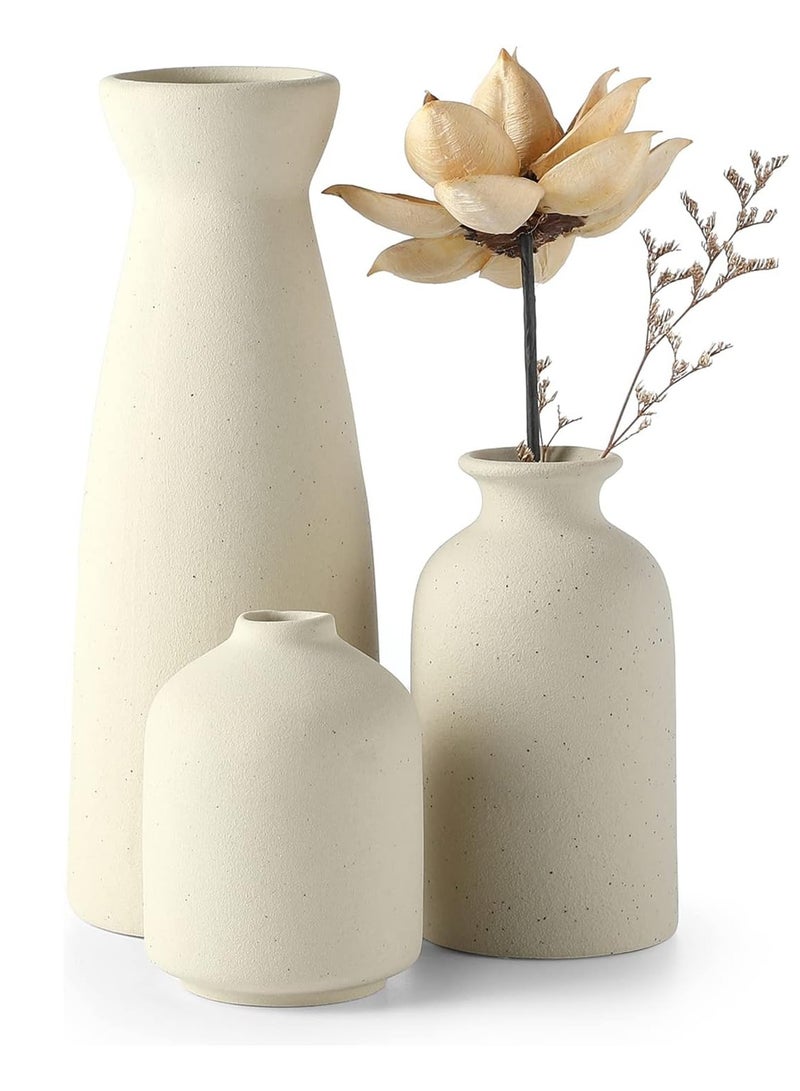Set of 3 Mix Shape Ceramic Vases - Ivory | with vase filler stones | Decorative Pieces for Home Decor,Office,Garden,Patio, Living Room Centerpiece Vases for Flower Arrangements, Gifting