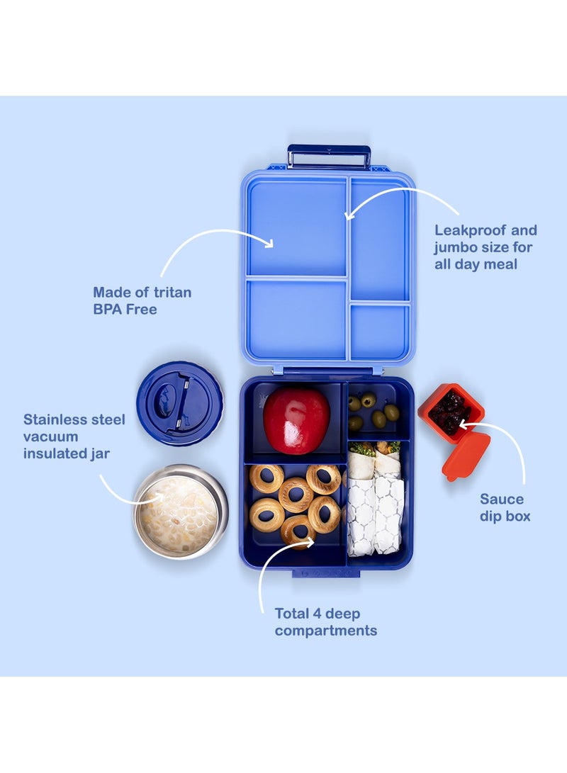 Jumbo Bento Lunch Box With Thermos And Dip Jar - Blue