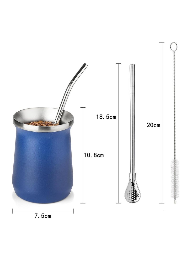 Yerba Mate Cup Stainless Steel Mate Cup And Bombilla Set 8oz Yerba Mate Gourd Double Walled Tea Cup With Straw Blue Include Cleaning Brush