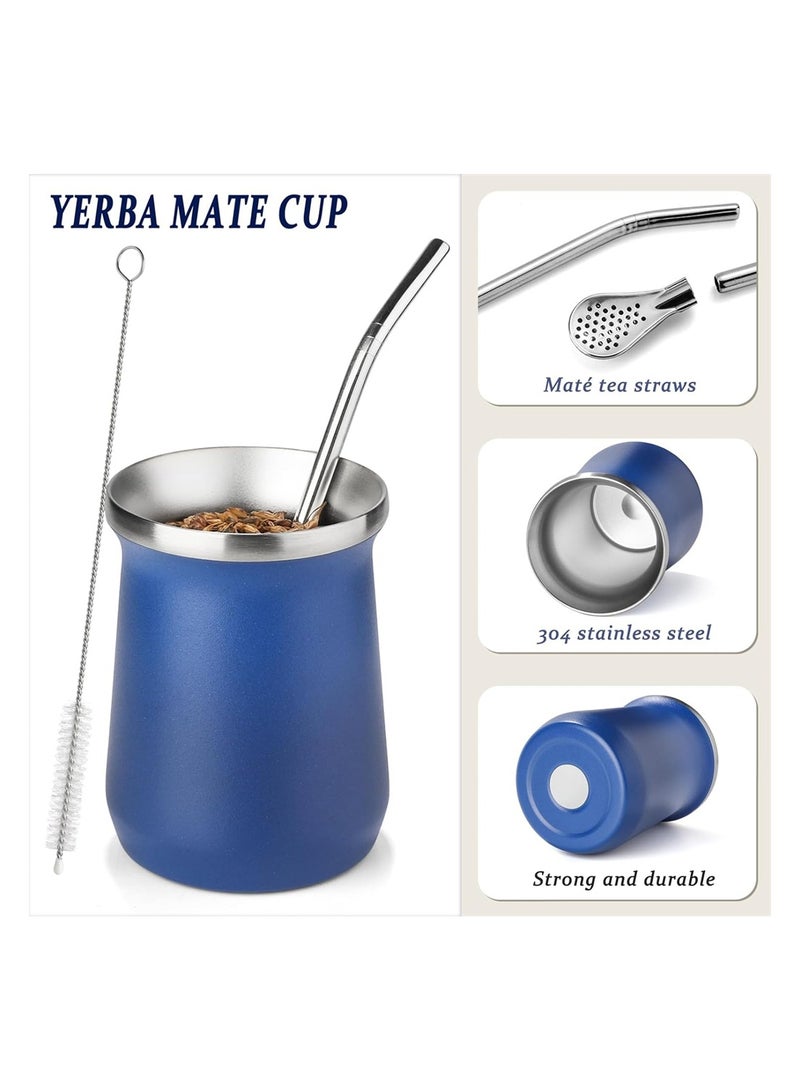 Yerba Mate Cup Stainless Steel Mate Cup And Bombilla Set 8oz Yerba Mate Gourd Double Walled Tea Cup With Straw Blue Include Cleaning Brush