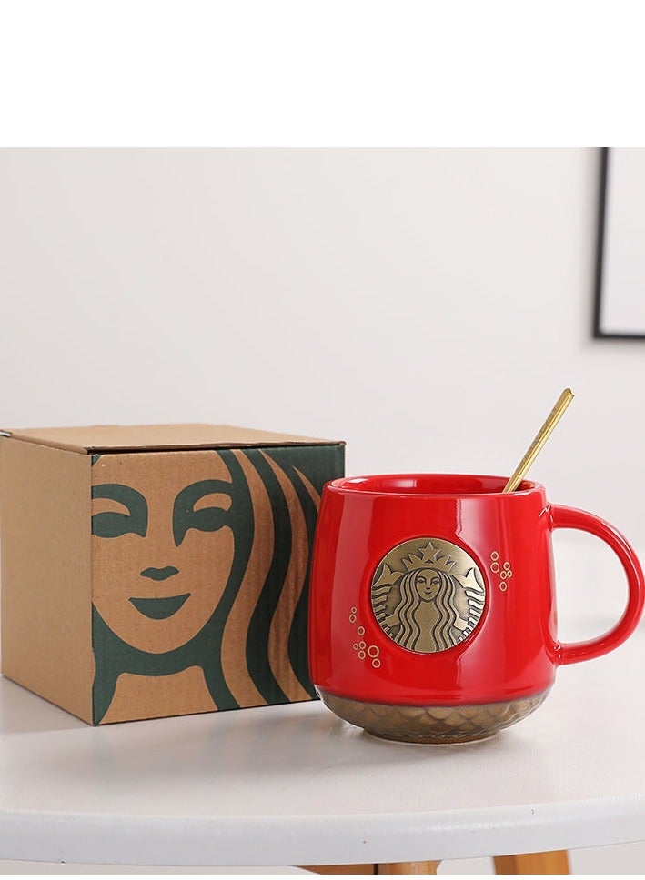 Starbucks Commemorative Bronze Medallion Mug Ceramic Mug - with Spoon