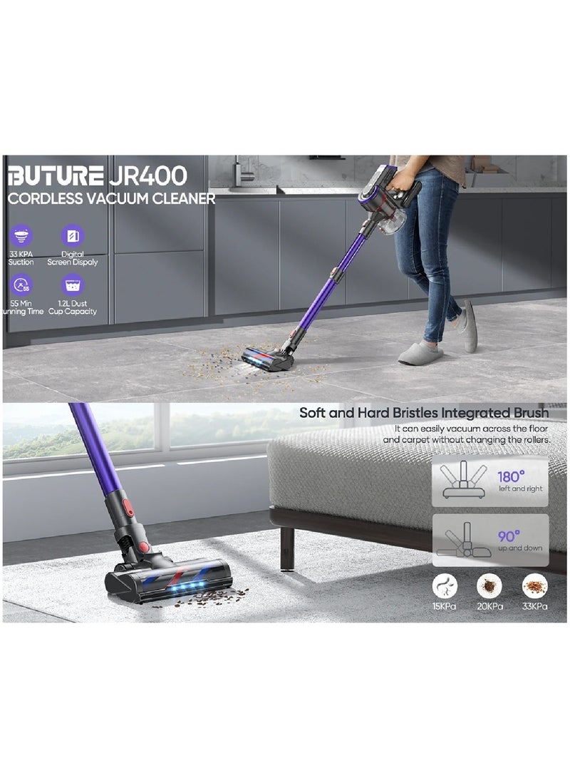 Vacuum Cleaner, JR400 Cordless Stick Vacuum Cleaner with Touch Display, 33KPa/400W, up to 55 Min, 1.2L, Lightweight Smart LED Display, for Hard Floors, Carpet, Pet Hair