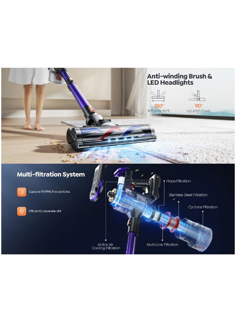 Vacuum Cleaner, JR400 Cordless Stick Vacuum Cleaner with Touch Display, 33KPa/400W, up to 55 Min, 1.2L, Lightweight Smart LED Display, for Hard Floors, Carpet, Pet Hair