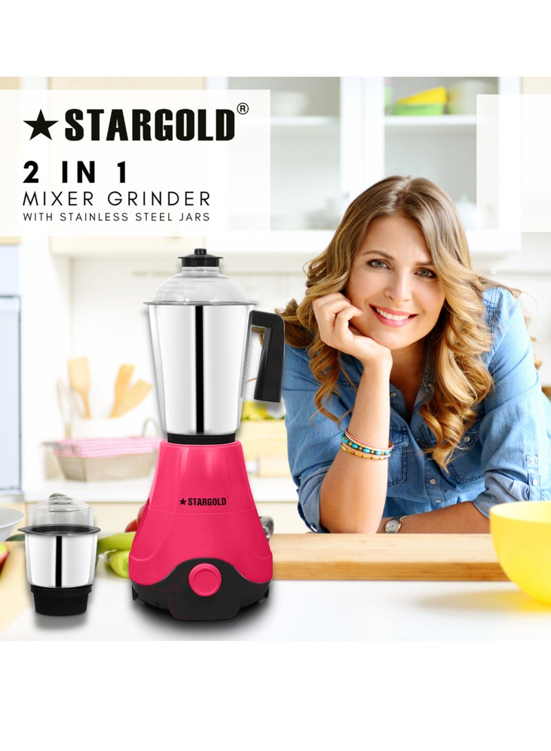 2 In 1 Mixer Grinder 600 Watts Powerful Copper Motor With 1.2 Liter 3 Stainless Steel Liquidizing Jar And Blades