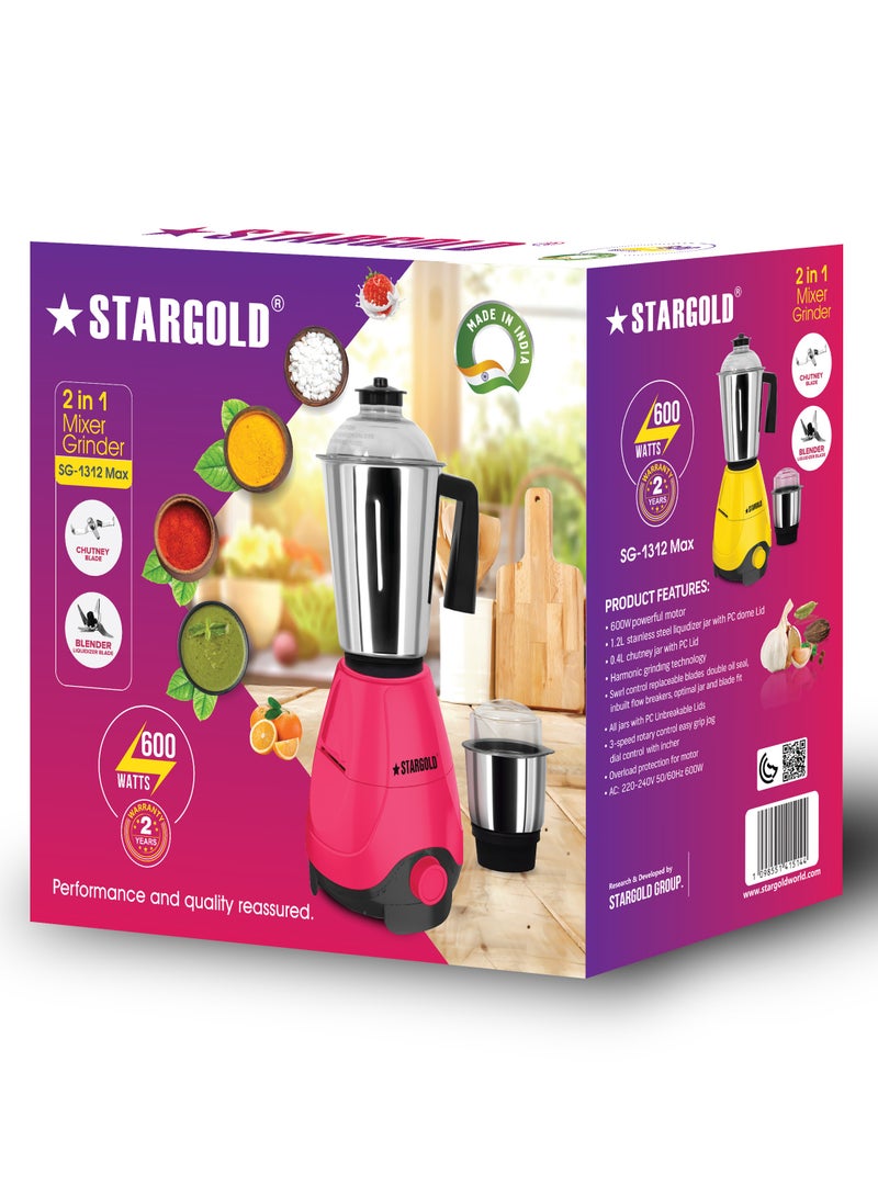 2 In 1 Mixer Grinder 600 Watts Powerful Copper Motor With 1.2 Liter 3 Stainless Steel Liquidizing Jar And Blades