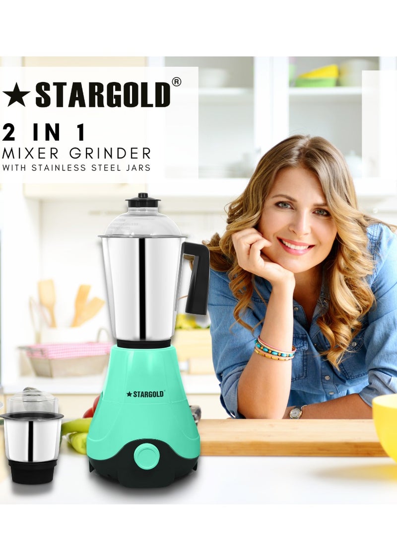 2 In 1 Mixer Grinder 600 Watts Powerful Copper Motor With 1.2 Liter 3 Stainless Steel Liquidizing Jar And Blades