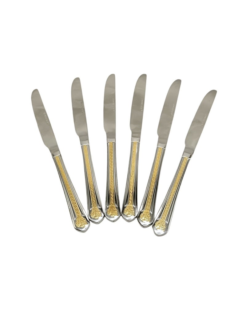 Liying 6Pcs Golden V Flower Design Stainless Steel Steak Knives Set 23cm x 2.5cm, Modern Silver Steak Knives for Home, Kitchen, Restaurant, Fine Edge & Mirror Polished, Dishwasher Safe