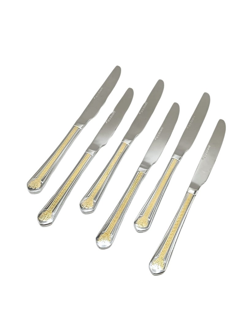 Liying 6Pcs Golden V Flower Design Stainless Steel Steak Knives Set 23cm x 2.5cm, Modern Silver Steak Knives for Home, Kitchen, Restaurant, Fine Edge & Mirror Polished, Dishwasher Safe