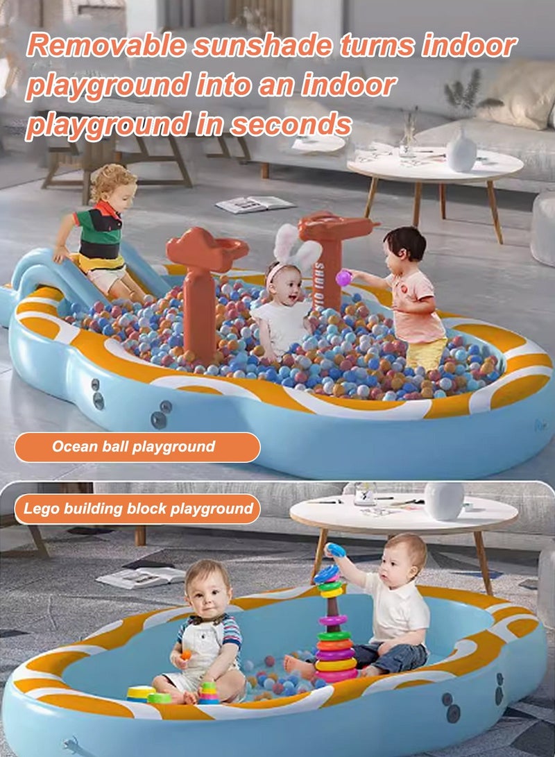 2.1 m Outdoor Indoor Folding Swimming Pool Inflatable Kiddie Pool Play Center with Detachable Shade Slide for Children,  Ball Pit for Indoor Usage,Wireless inflation device