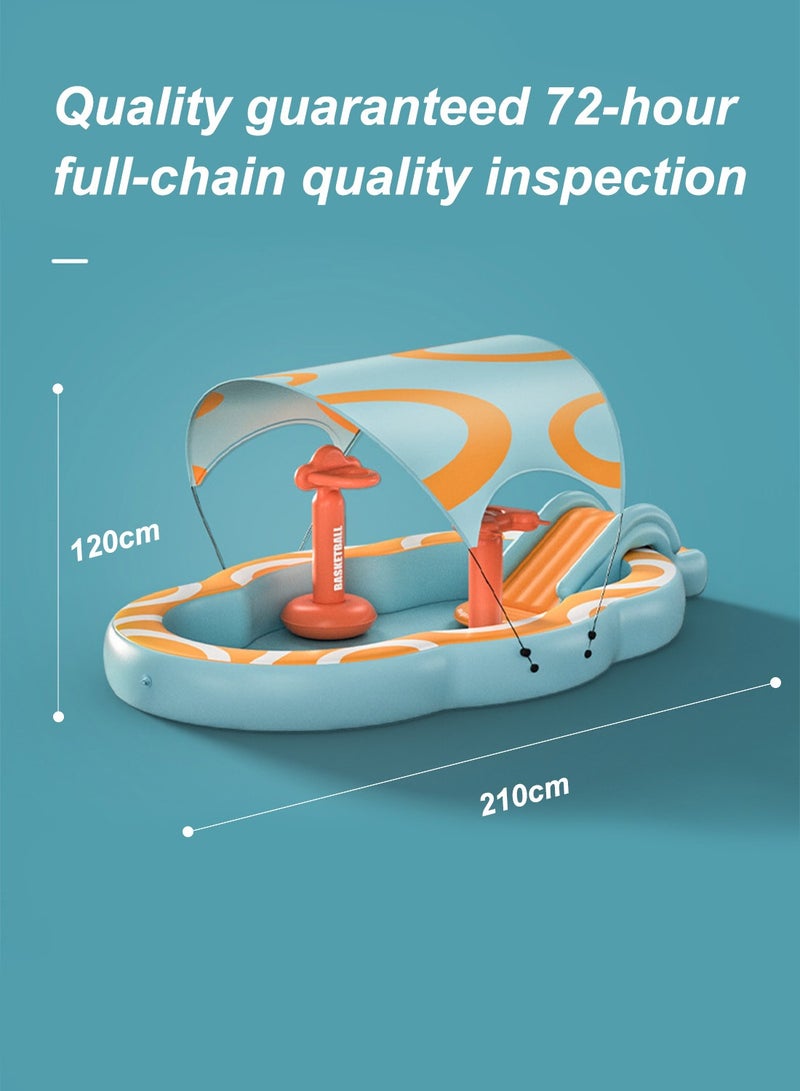 2.1 m Outdoor Indoor Folding Swimming Pool Inflatable Kiddie Pool Play Center with Detachable Shade Slide for Children,  Ball Pit for Indoor Usage,Wireless inflation device