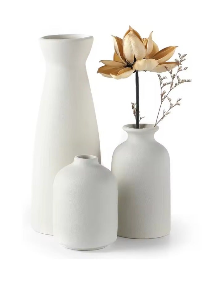 Set of 3 Mix Shape Ceramic Vases - White | with vase filler stones | Decorative Pieces for Home Decor,Office,Garden,Patio, Living Room Centerpiece Vases for Flower Arrangements, Gifting