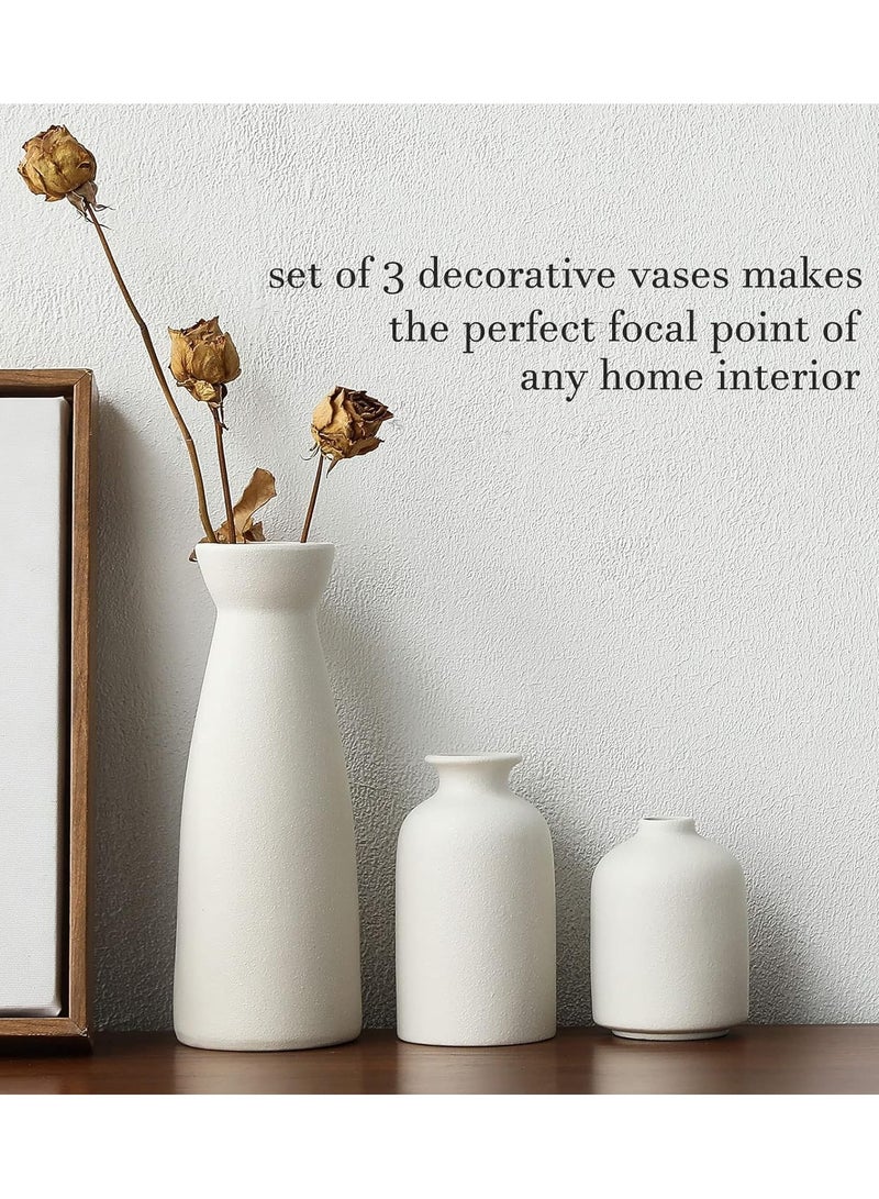 Set of 3 Mix Shape Ceramic Vases - White | with vase filler stones | Decorative Pieces for Home Decor,Office,Garden,Patio, Living Room Centerpiece Vases for Flower Arrangements, Gifting