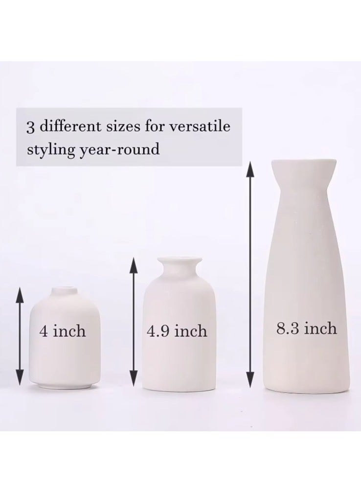Set of 3 Mix Shape Ceramic Vases - White | with vase filler stones | Decorative Pieces for Home Decor,Office,Garden,Patio, Living Room Centerpiece Vases for Flower Arrangements, Gifting
