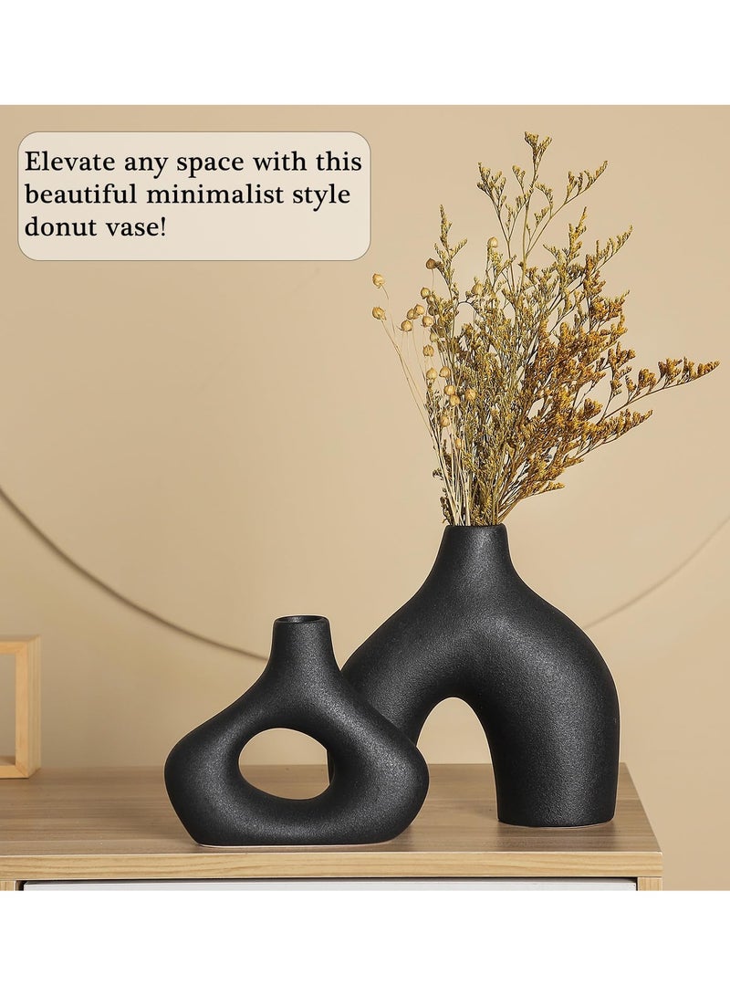 Set of 2 Mix Shape Ceramic Vases - Black | Decorative Pieces for Home Decor,Office,Garden,Patio, Living Room Centerpiece Vases for Flower Arrangements, Gifting