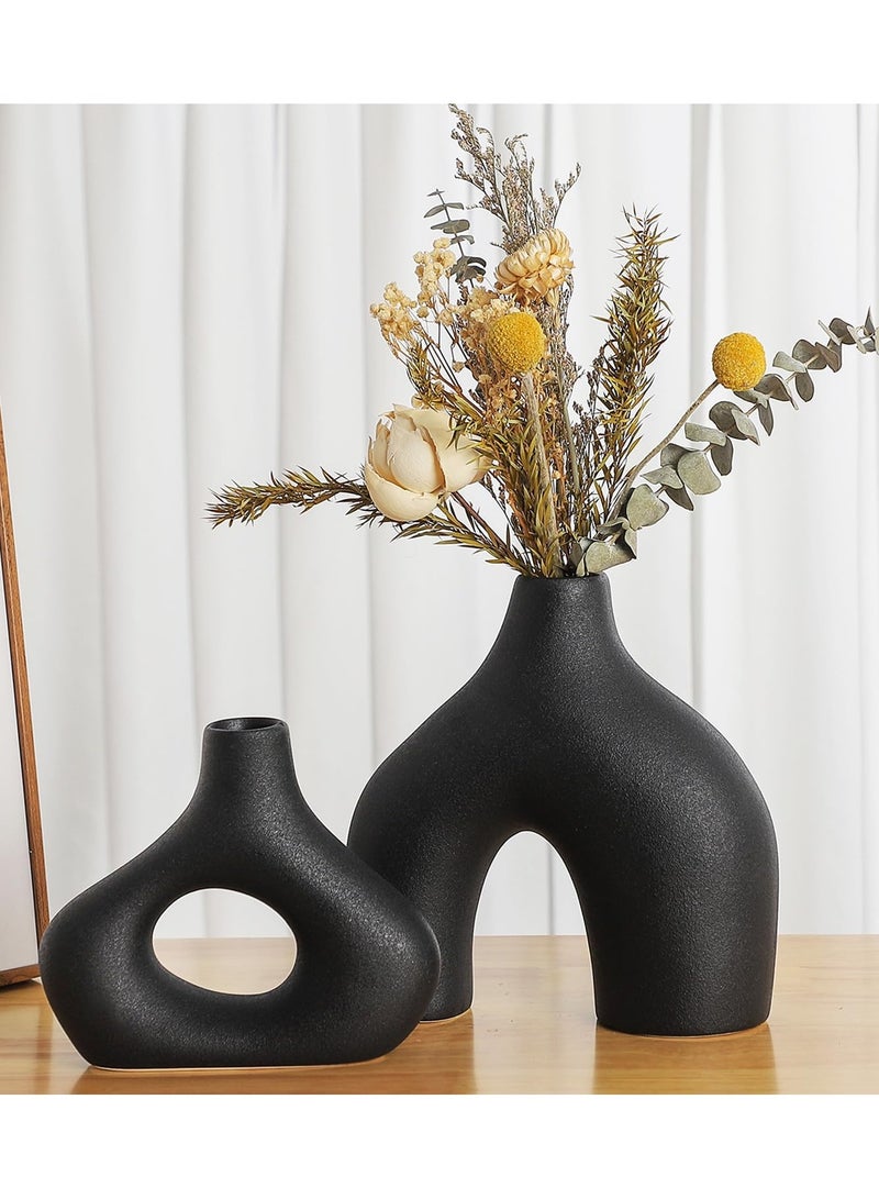 Set of 2 Mix Shape Ceramic Vases - Black | Decorative Pieces for Home Decor,Office,Garden,Patio, Living Room Centerpiece Vases for Flower Arrangements, Gifting