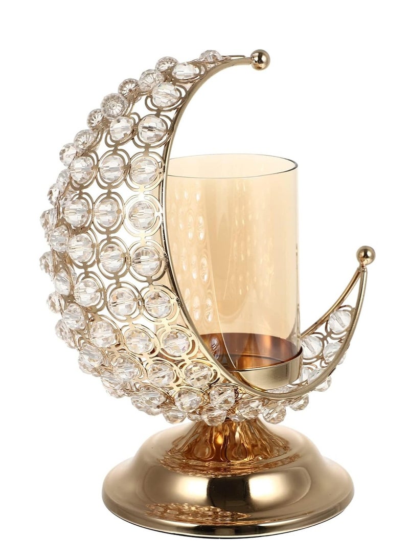 Gold Crystal Candlestick, Vintage Aromatherapy Candle Holder Decoration, Moon Glass Tea Light Holder, for Eid Mubarak Ornaments Muslim Islam Decoration, Housewarming Decor
