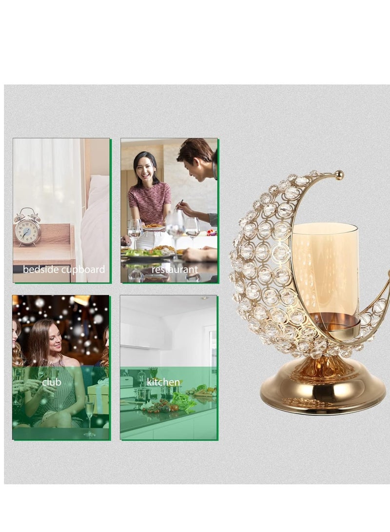 Gold Crystal Candlestick, Vintage Aromatherapy Candle Holder Decoration, Moon Glass Tea Light Holder, for Eid Mubarak Ornaments Muslim Islam Decoration, Housewarming Decor