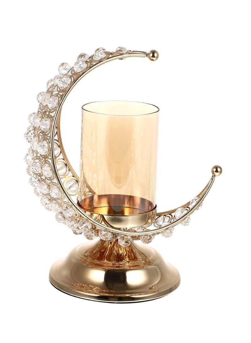 Gold Crystal Candlestick, Vintage Aromatherapy Candle Holder Decoration, Moon Glass Tea Light Holder, for Eid Mubarak Ornaments Muslim Islam Decoration, Housewarming Decor