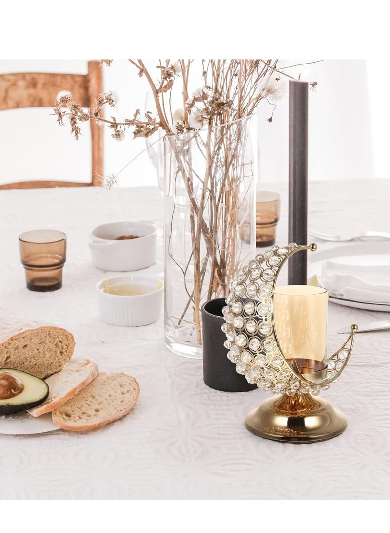Gold Crystal Candlestick, Vintage Aromatherapy Candle Holder Decoration, Moon Glass Tea Light Holder, for Eid Mubarak Ornaments Muslim Islam Decoration, Housewarming Decor