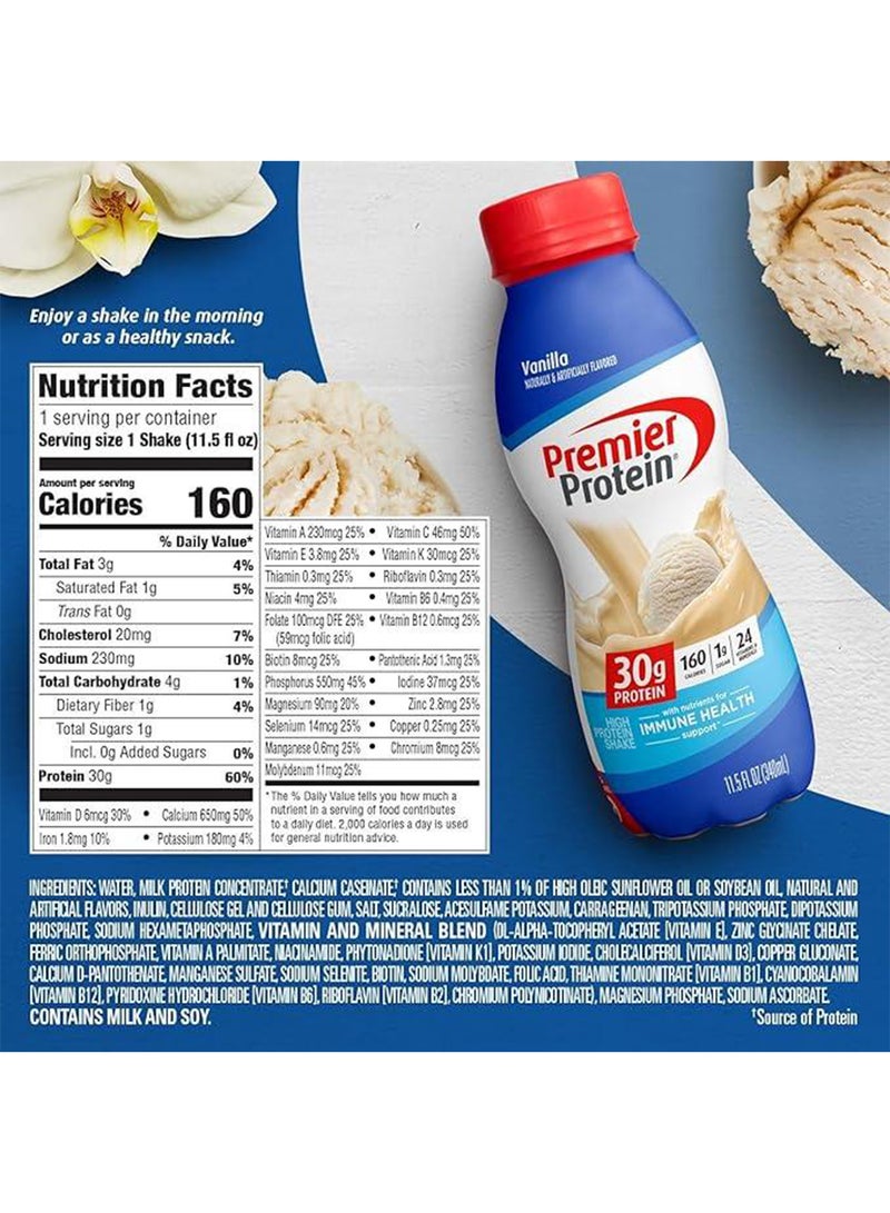 Pack Of 12 Shake Bottle Vanilla, Liquid, Powder, Keto, 30G Protein, 1G Sugar, 24 Vitamins & Minerals, Nutrients To Support Immune Health 11.5 Fl Oz