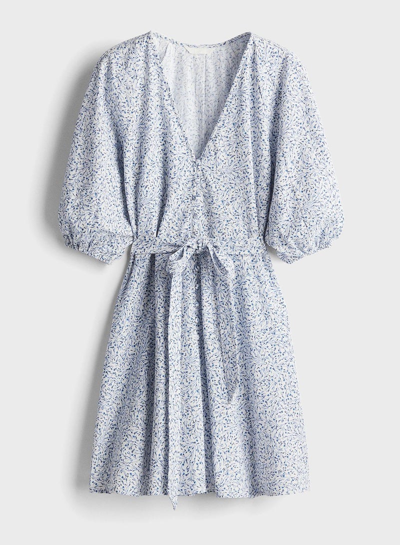 Printed Puff Sleeve Tie Detail Dress