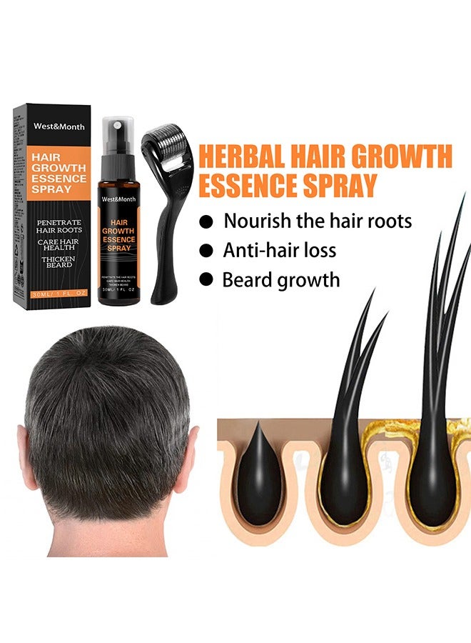 30ml Hair Growth Essence Spray - Anti-Slip Hair Nourishing Growth Liquid Thickening Hairline Essence Spray With Microne Roller