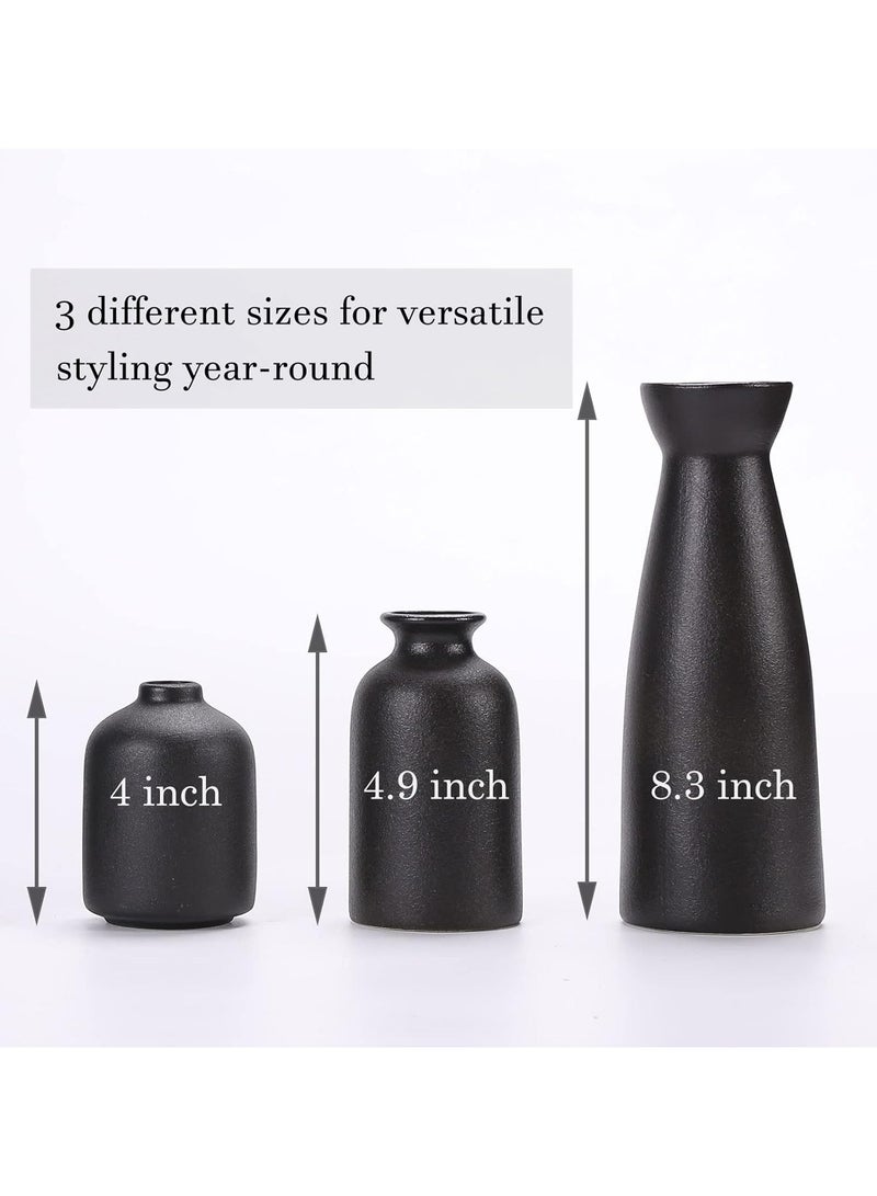 Set of 3 Mix Shape Ceramic Vases - Black | with vase filler stones | Decorative Pieces for Home Decor,Office,Garden,Patio, Living Room Centerpiece Vases for Flower Arrangements, Gifting