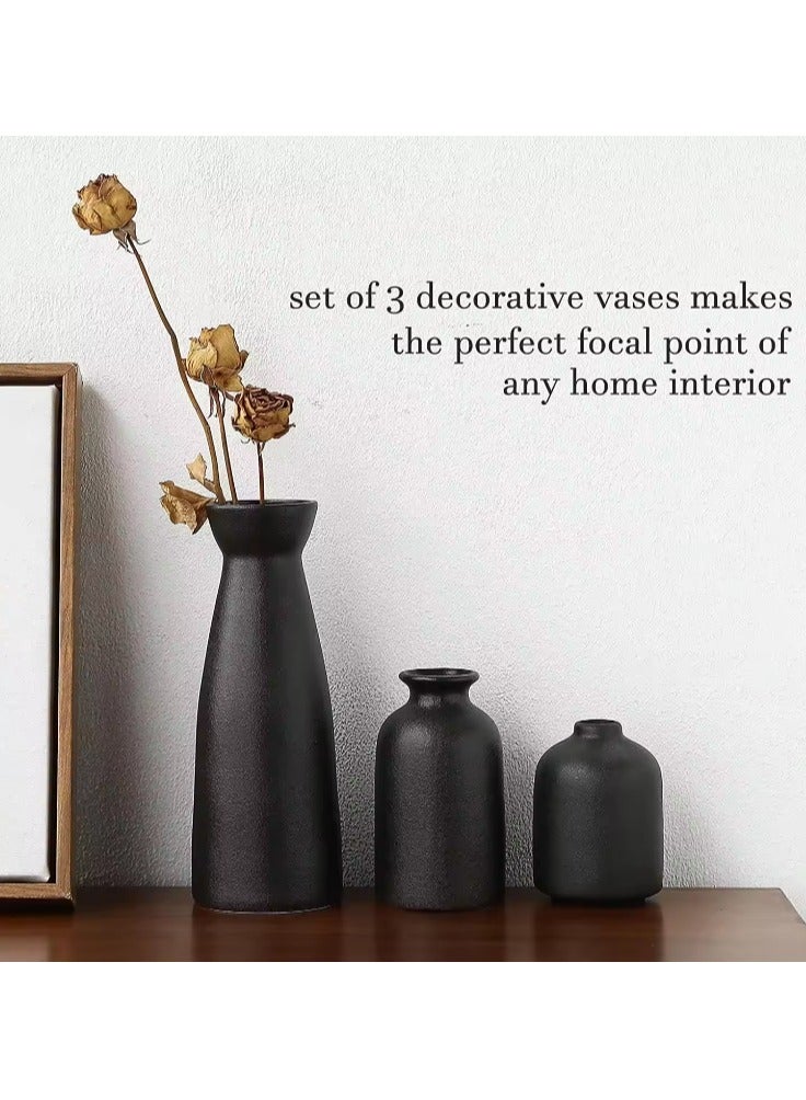 Set of 3 Mix Shape Ceramic Vases - Black | with vase filler stones | Decorative Pieces for Home Decor,Office,Garden,Patio, Living Room Centerpiece Vases for Flower Arrangements, Gifting