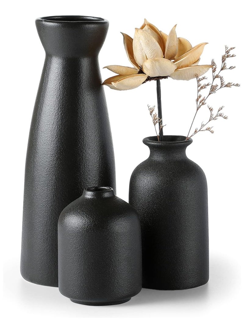 Set of 3 Mix Shape Ceramic Vases - Black | with vase filler stones | Decorative Pieces for Home Decor,Office,Garden,Patio, Living Room Centerpiece Vases for Flower Arrangements, Gifting