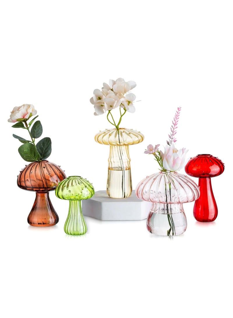 Mushroom Flower Vase, Bud Vases for Flowers Set of 5, Small Vases for Decor, Chic Coloured Glass Vases for Table Decoration, Plant Vase for Dinning Centrepieces Kitchen