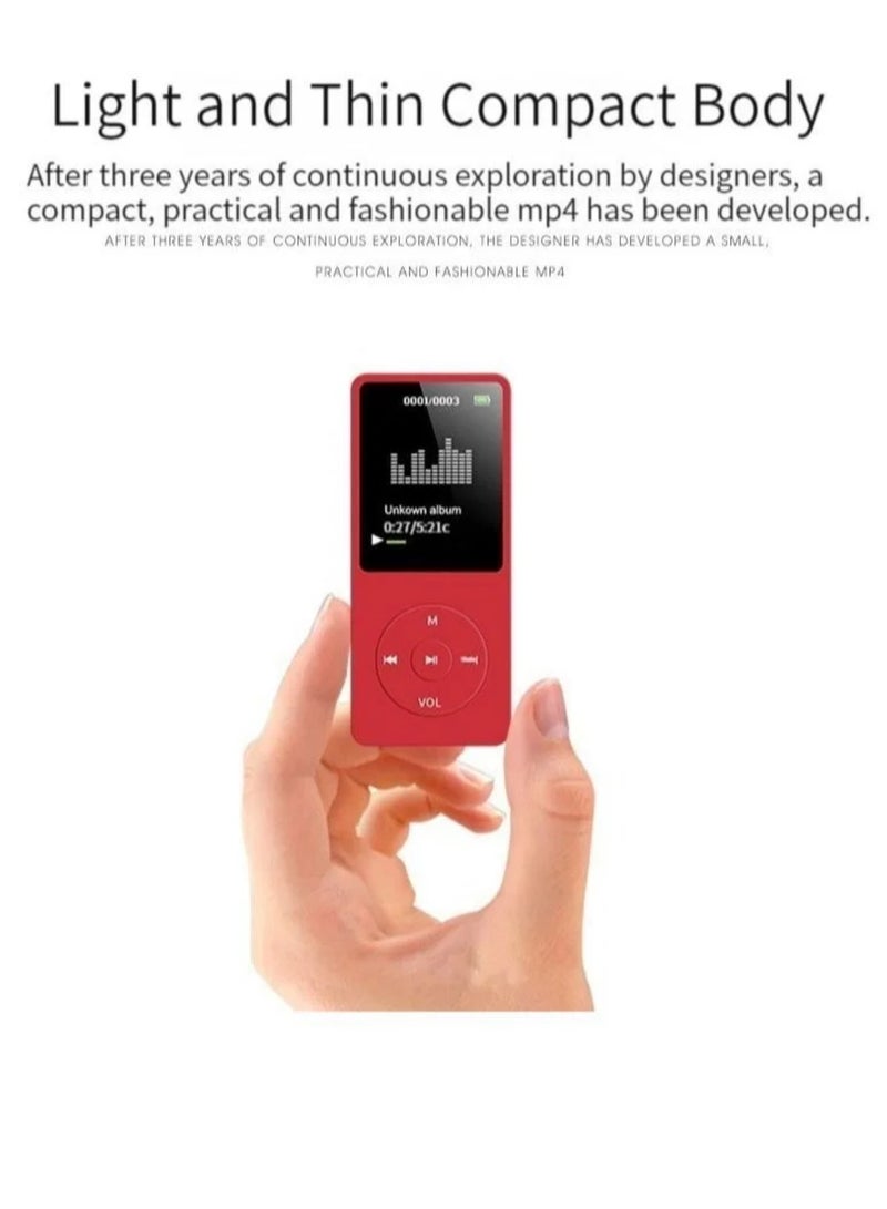 MIAOYAN  Mini Walkman MP3 MP4 Student Sports Music Player with Screen and Insertable Card (Red)