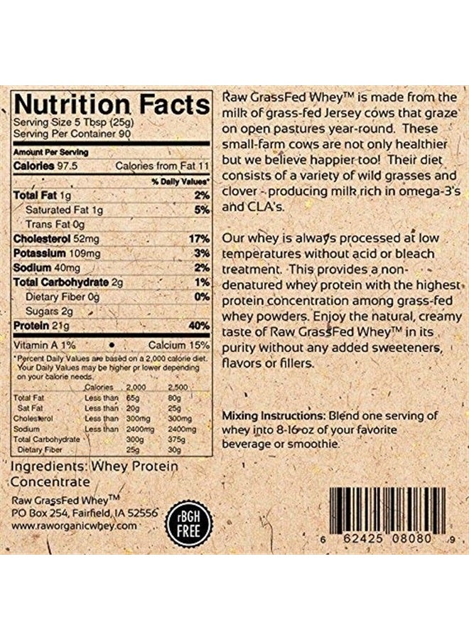 100% Raw Grass Fed Whey - Happy Healthy Cows, COLD PROCESSED Undenatured Protein Powder, GMO-Free + rBGH Free + Soy Free + Gluten Free, Unflavored, Unsweetened (5 LB BULK, 90 Serve)
