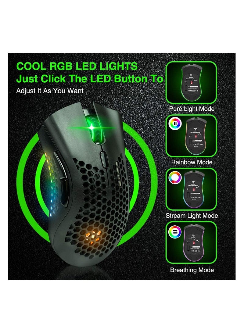 Wireless Gaming Mouse, Computer Mouse with Honeycomb Shell, 6 Programmed Buttons, 3 Adjustable DPI, Silent Click, USB Receiver, Ergonomic RGB Optical Gamer Mice Mouse for Laptop PC Mac (White)