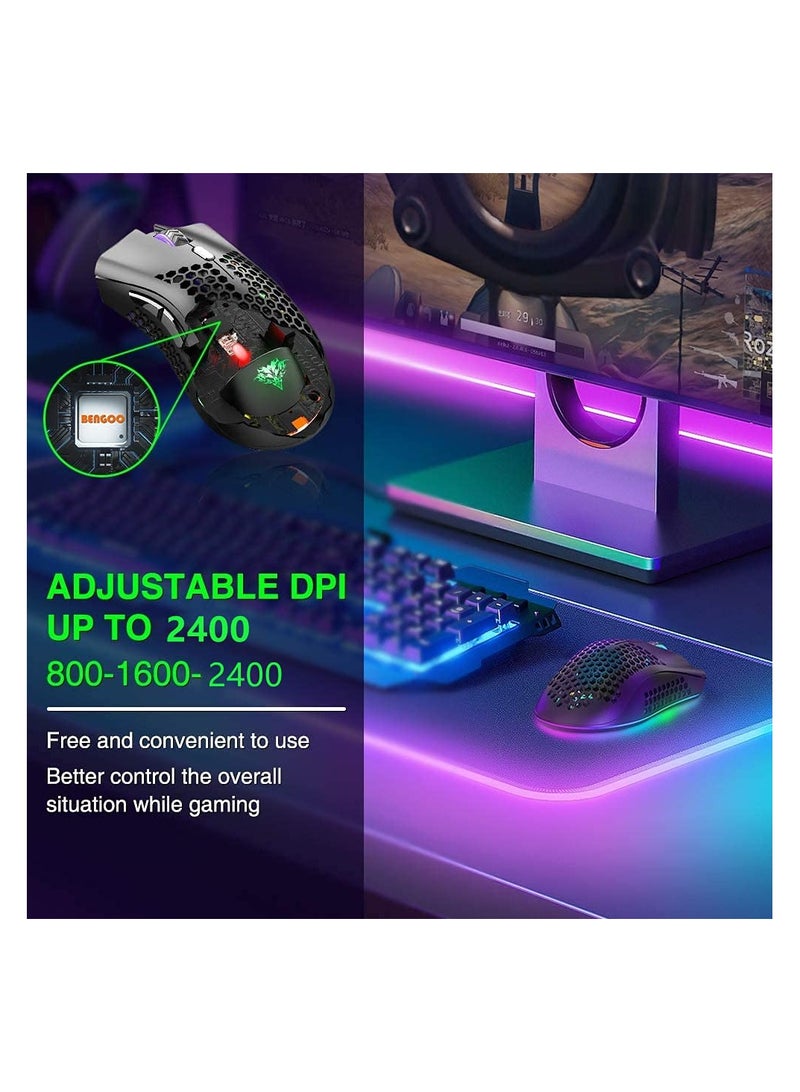 Wireless Gaming Mouse, Computer Mouse with Honeycomb Shell, 6 Programmed Buttons, 3 Adjustable DPI, Silent Click, USB Receiver, Ergonomic RGB Optical Gamer Mice Mouse for Laptop PC Mac (White)