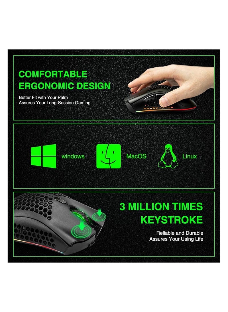 Wireless Gaming Mouse, Computer Mouse with Honeycomb Shell, 6 Programmed Buttons, 3 Adjustable DPI, Silent Click, USB Receiver, Ergonomic RGB Optical Gamer Mice Mouse for Laptop PC Mac (White)