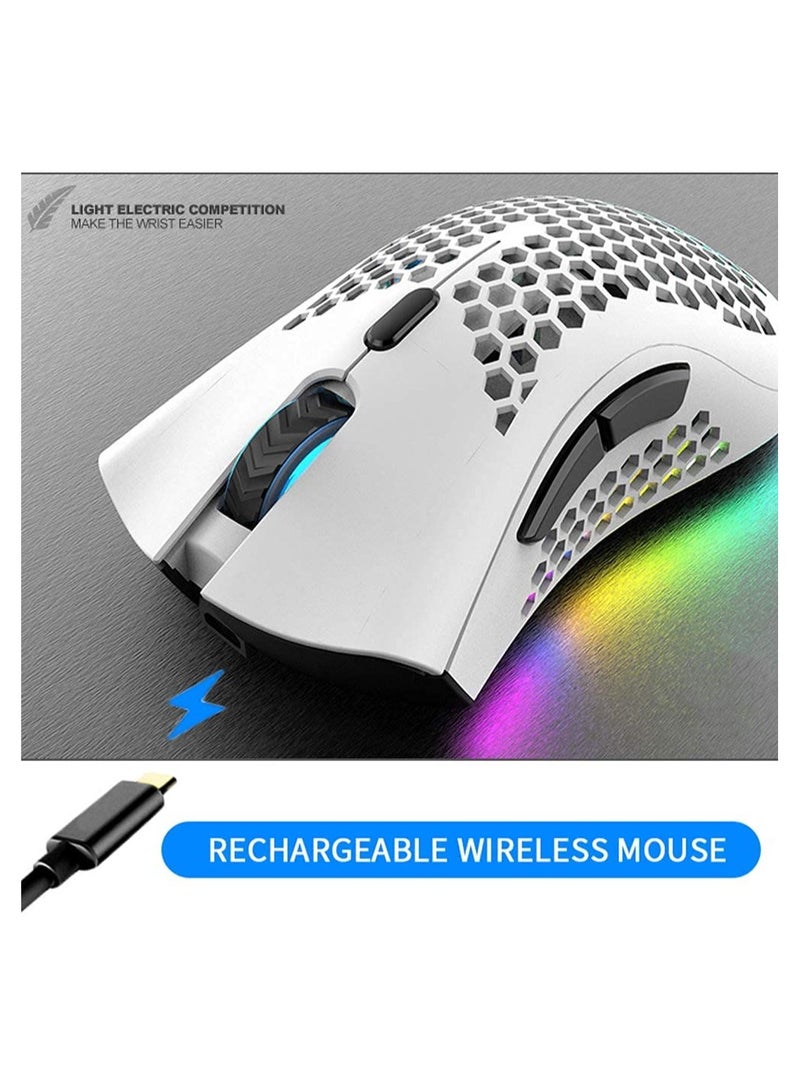Wireless Gaming Mouse, Computer Mouse with Honeycomb Shell, 6 Programmed Buttons, 3 Adjustable DPI, Silent Click, USB Receiver, Ergonomic RGB Optical Gamer Mice Mouse for Laptop PC Mac (White)