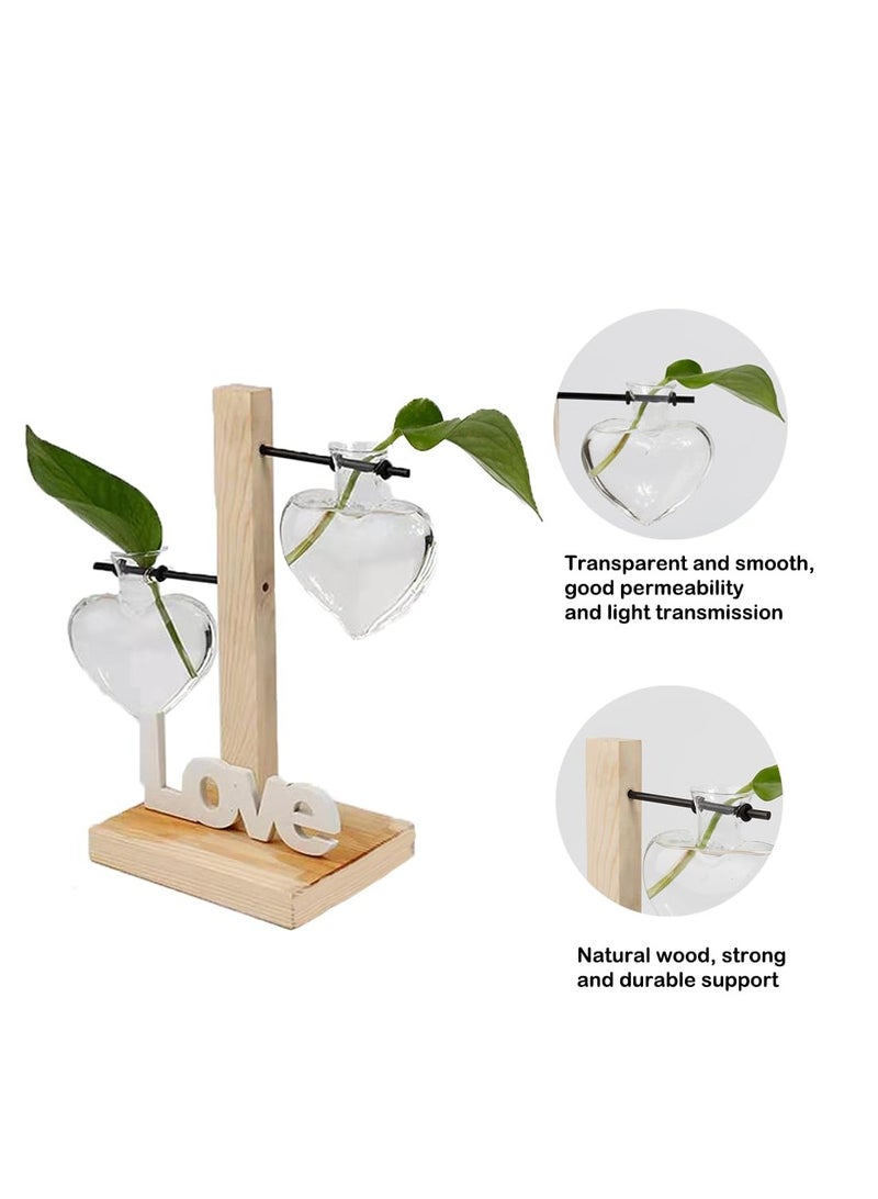 Desktop Plant Propagation Station, Glass Planter Terrarium with Wooden Tray, Two High-low bottle love-shaped glass hydroponic vases, Love Vase Plant Propagation Station for Home Office Decor