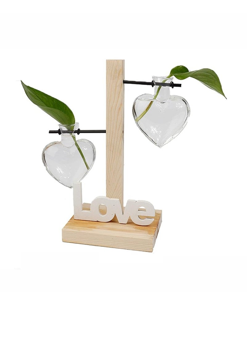 Desktop Plant Propagation Station, Glass Planter Terrarium with Wooden Tray, Two High-low bottle love-shaped glass hydroponic vases, Love Vase Plant Propagation Station for Home Office Decor