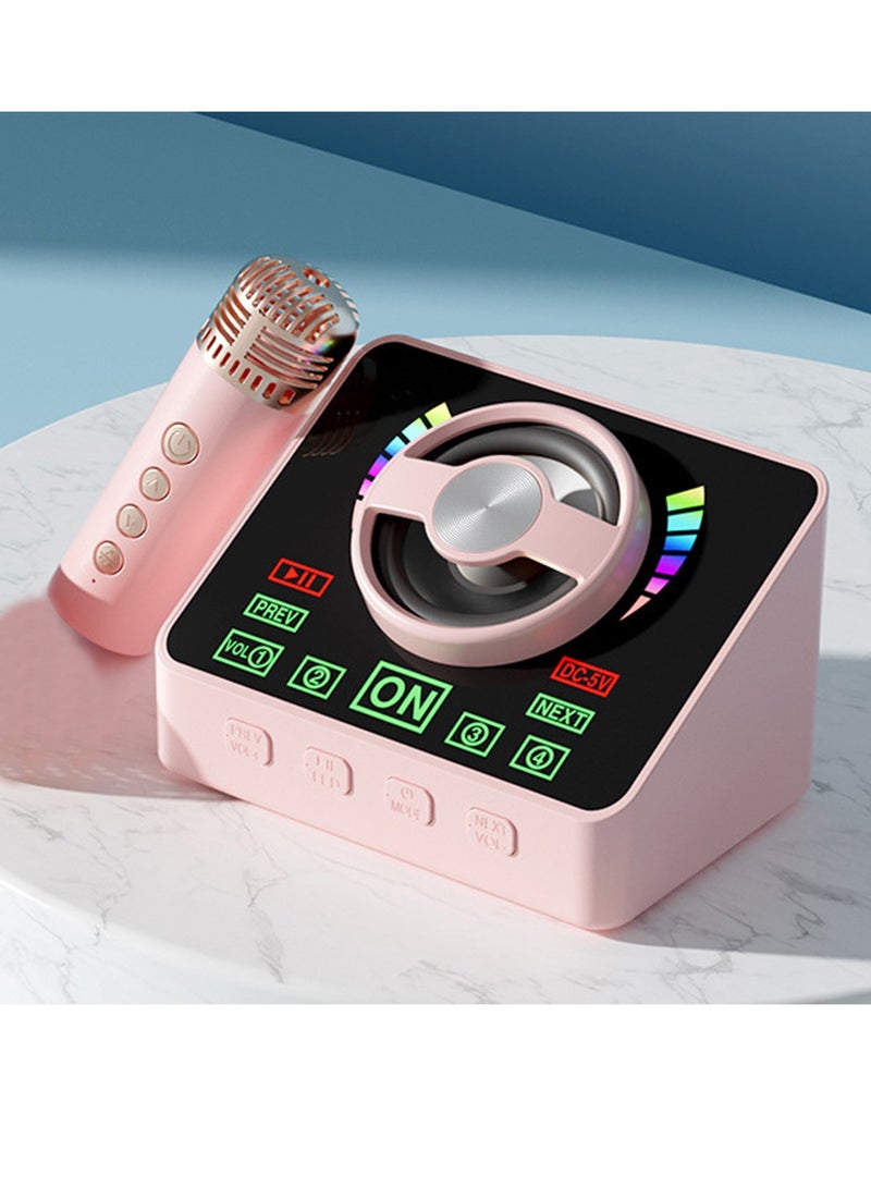 Karaoke Machine Portable Bluetooth Speaker System With 1 Wireless Microphones Home Family Singing Speaker Pink -Coloured