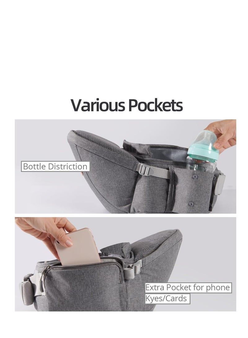 Baby Hip Carrier, Ergonomic Carrier, Capacity Pocket with Adjustable Waistband, Suitable for Newborn to Toddlers All-Seasons(Grey)