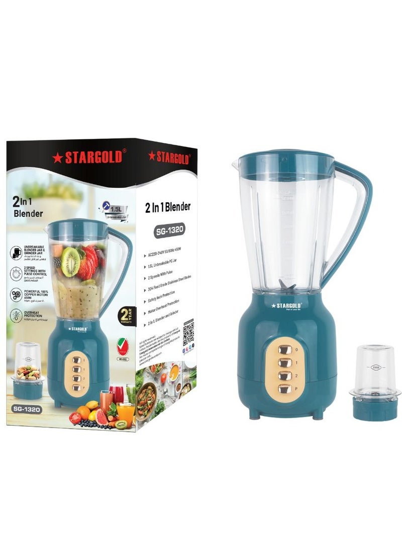 2 in 1 Blender and Grinder 1.5L Unbreakable PC Jar 450W Powerful Copper Motor