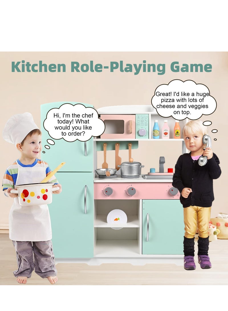 Wooden Pretend Play Kitchen Set Toy Kitchen Set with Stove,Oven,Sink,Fridge and 11 Pcs Kitchen Playset Accessories, Play Kitchen Sets for Kids,Toddler Kitchen Playset Gifts