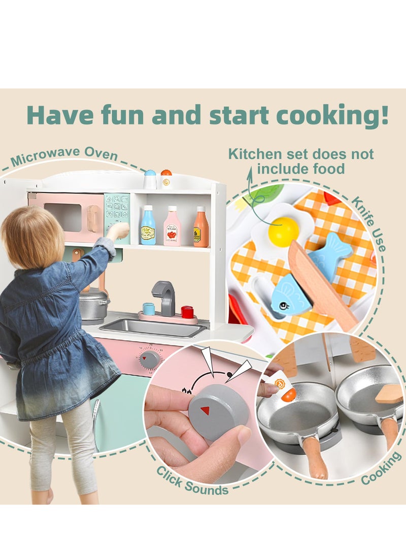 Wooden Pretend Play Kitchen Set Toy Kitchen Set with Stove,Oven,Sink,Fridge and 11 Pcs Kitchen Playset Accessories, Play Kitchen Sets for Kids,Toddler Kitchen Playset Gifts