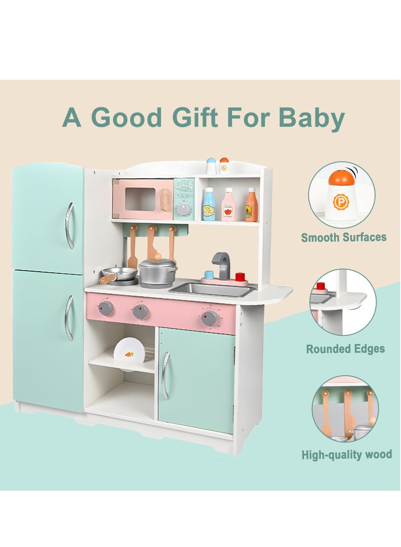 Wooden Pretend Play Kitchen Set Toy Kitchen Set with Stove,Oven,Sink,Fridge and 11 Pcs Kitchen Playset Accessories, Play Kitchen Sets for Kids,Toddler Kitchen Playset Gifts