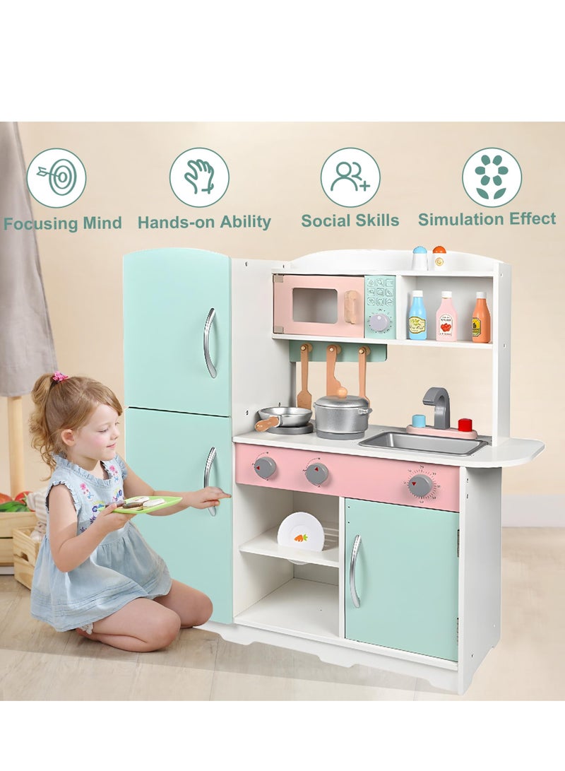 Wooden Pretend Play Kitchen Set Toy Kitchen Set with Stove,Oven,Sink,Fridge and 11 Pcs Kitchen Playset Accessories, Play Kitchen Sets for Kids,Toddler Kitchen Playset Gifts