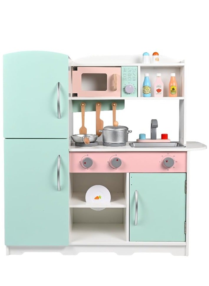 Wooden Pretend Play Kitchen Set Toy Kitchen Set with Stove,Oven,Sink,Fridge and 11 Pcs Kitchen Playset Accessories, Play Kitchen Sets for Kids,Toddler Kitchen Playset Gifts