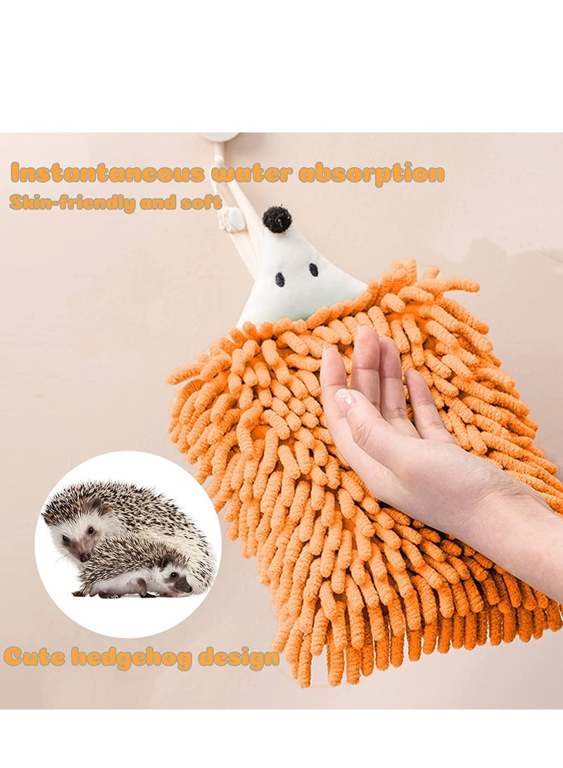 Hand Drying Towel Cute Hedgehog Chenille Hand Towel with Button Hanging Loop Microfiber Plush Absorbent Kids Hand Towels for Bathroom Kitchen Bedroom 2PCS