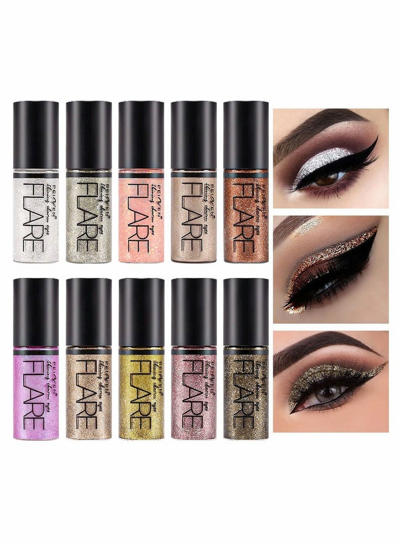 Waterproof Colorful Liquid Glitter Eyeshadow Kit, 10Pcs Longwearing Gold Liquid Glitter Eyeliner Set, Liquid Eye Glitter Sparkle Eye shadow Glitter sombra de para ojos Makeup Glitter for Eyes