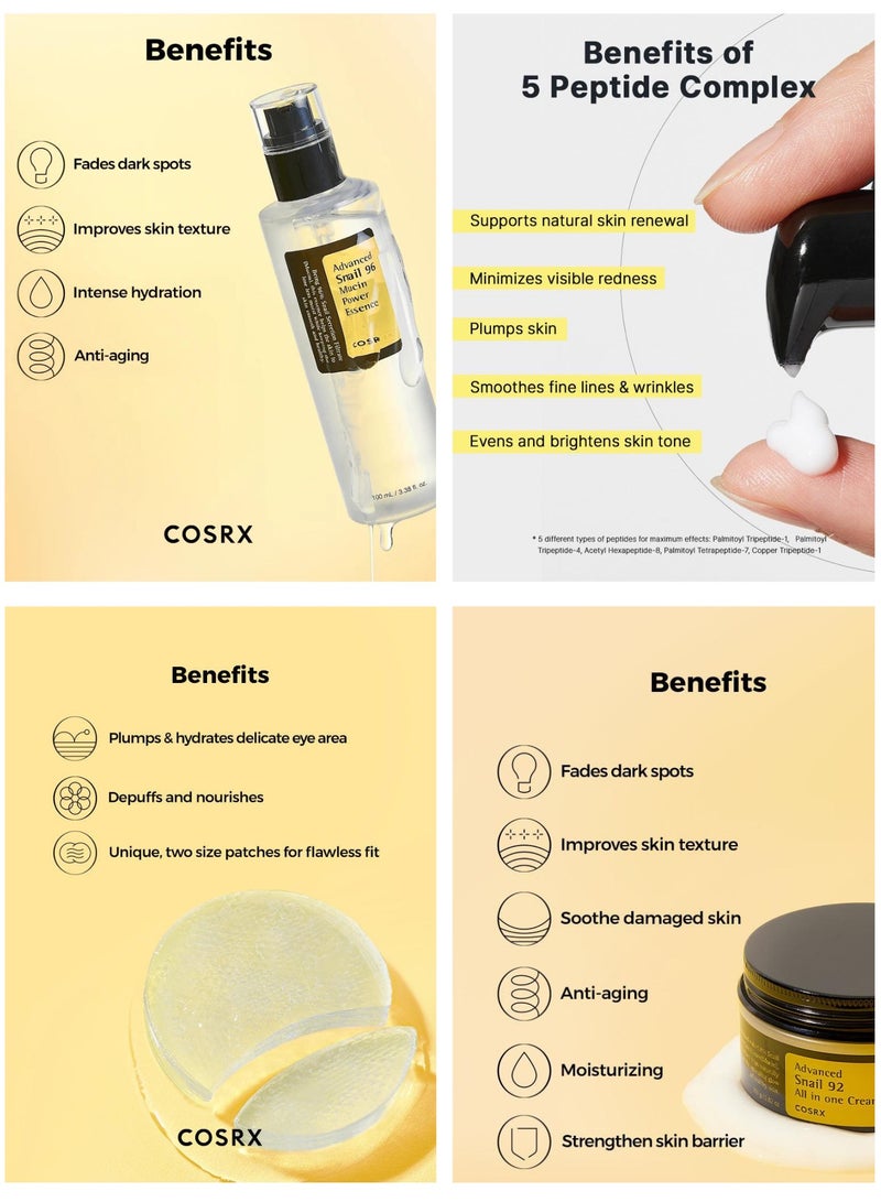 Optimal Snail-Powered Skincare Pack 5 & Face Massage Roller Advanced Snail 96 Mucin Power Essence, 92 All-in-One Cream, Peptide Eye Cream, Gel Cleanser, and Hydrogel Eye Patch 468.99ml