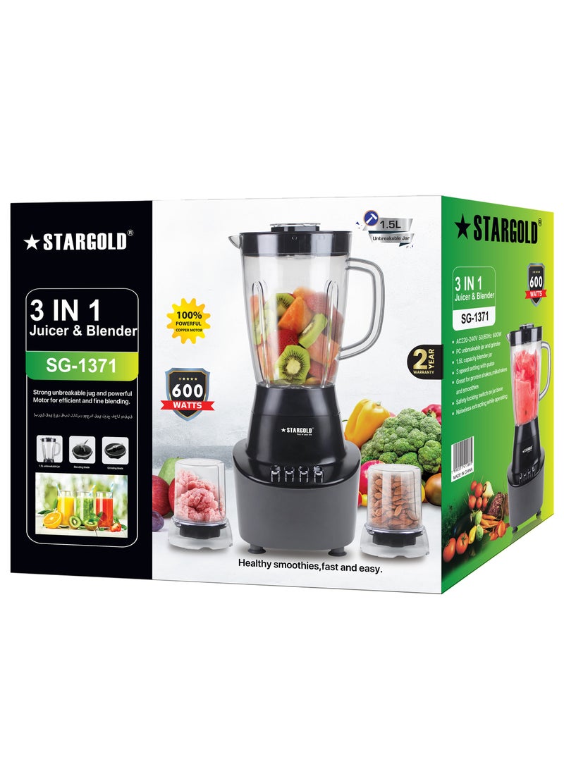 Juicer & Blender 3 in 1 Strong Unbreakable Jug 1.5L And 600W Powerful Motor For Efficient And Fine Blending